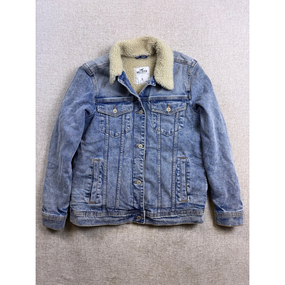 Hollister Womens Light Wash Faux Shearling Lined Denim Trucker Jacket Medium